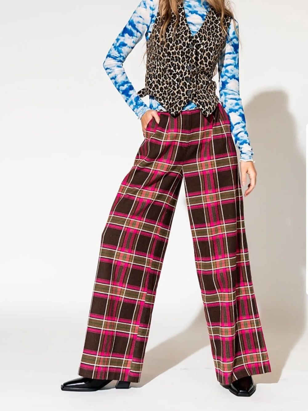 Dressed in lala Lovers Lane Plaid Wide Leg Trousers in Pink, S